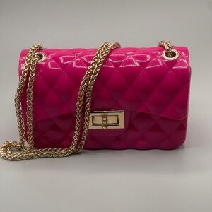 Vibrant Pink Jelly Crossbody Bag Purse W/ Gold Chain